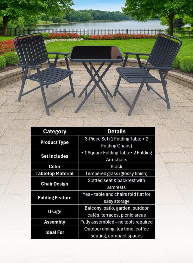 DubaiGallery Square Glass Table Outdoor Bistro Set with 2 Metal Chairs Chic and functional outdoor furniture set designed for comfort and durability, powder-coated metal frame, smooth glass tabletop, ideal for balcony relaxation or outdoor dining moments. - Image 3